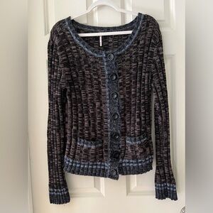 Free People Walk in The Park Cardi Sweater Cardigan multi color brown/blue L